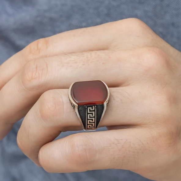 Grek Desenli Akik Taşlı 925 Gümüş Erkek Yüzük