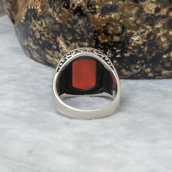 Grek Desenli Akik Taşlı 925 Gümüş Erkek Yüzük - 6