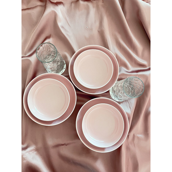 Kütahya Porselen Soft Pembe 6 Kişilik 12 Parça Tabak Seti