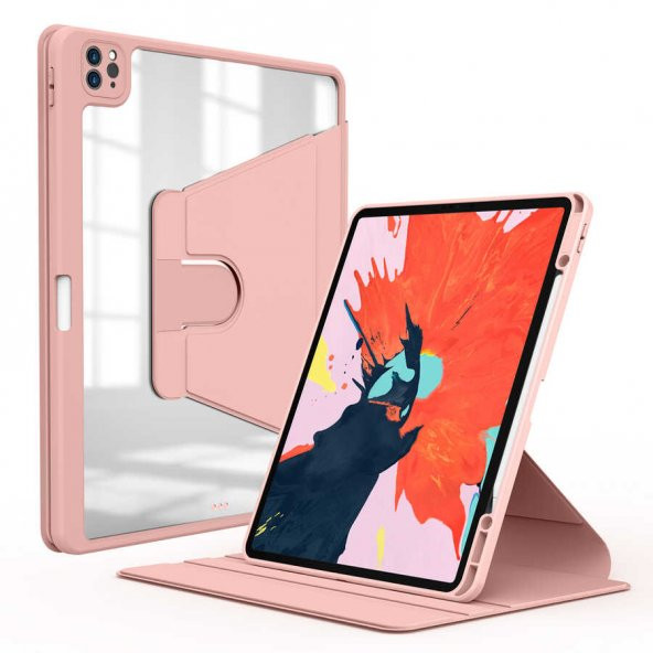 Apple iPad Pro 12.9 2021 (5.Nesil) Kılıf Kalem Bölmeli Dönebilen Standlı Silikon