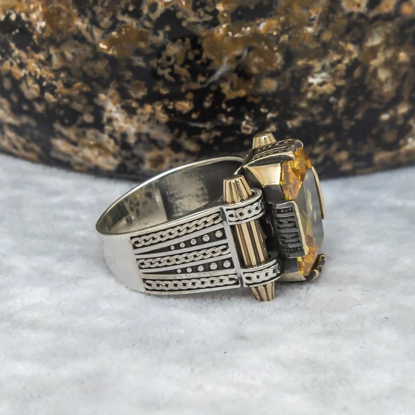 Sitrin Taşlı Kare Tasarım 925 Gümüş Erkek Yüzük - Resim 10