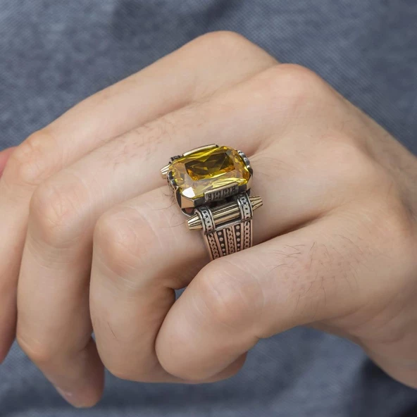 Sitrin Taşlı Kare Tasarım 925 Gümüş Erkek Yüzük - Resim 4