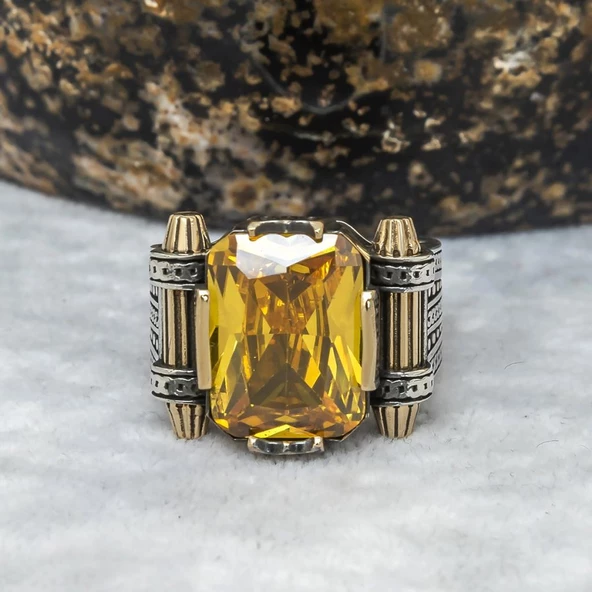 Sitrin Taşlı Kare Tasarım 925 Gümüş Erkek Yüzük - Resim 11