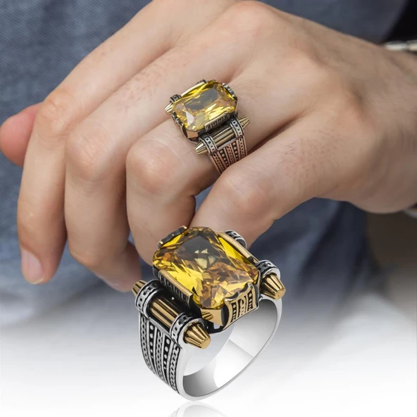 Sitrin Taşlı Kare Tasarım 925 Gümüş Erkek Yüzük - Resim 7