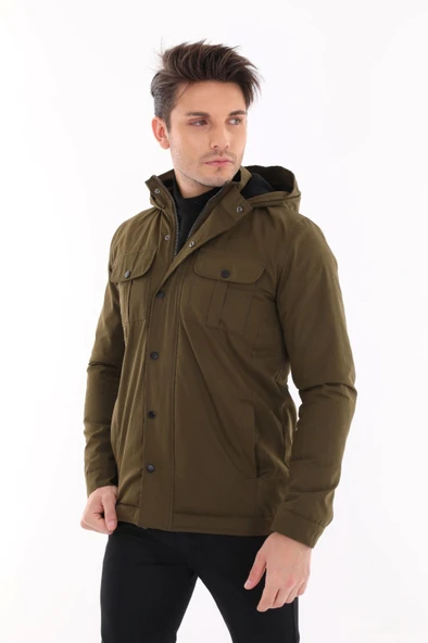 Tomms Erkek Haki Yeşil Jake Slim Fit Kapüşonlu İçi Kürklü Kısa Mont Soğuk Geçirmez BNTDNR-8109 - 2