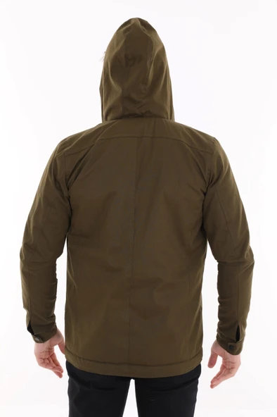 Tomms Erkek Haki Yeşil Jake Slim Fit Kapüşonlu İçi Kürklü Kısa Mont Soğuk Geçirmez BNTDNR-8109 - 8