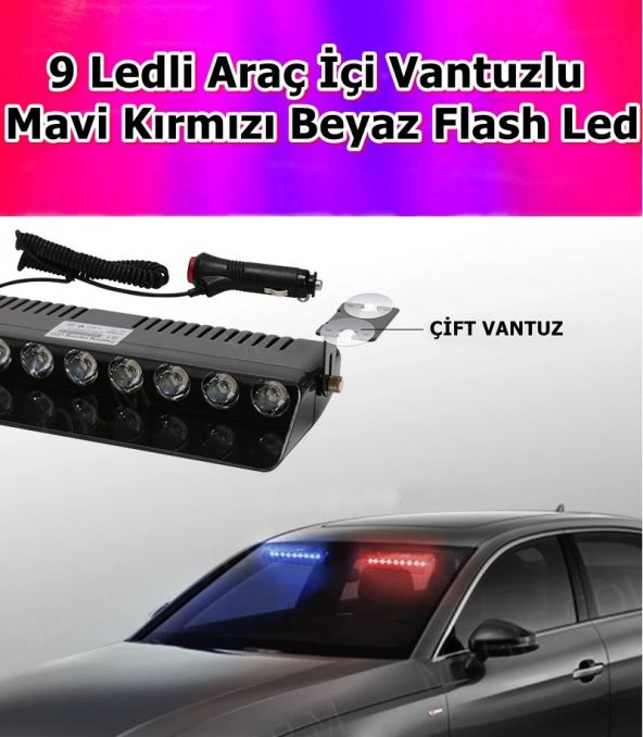 NKT GROUP 9 Ledli Araç İçi Vantuzlu Mavi Kırmızı Beyaz Çakar Led