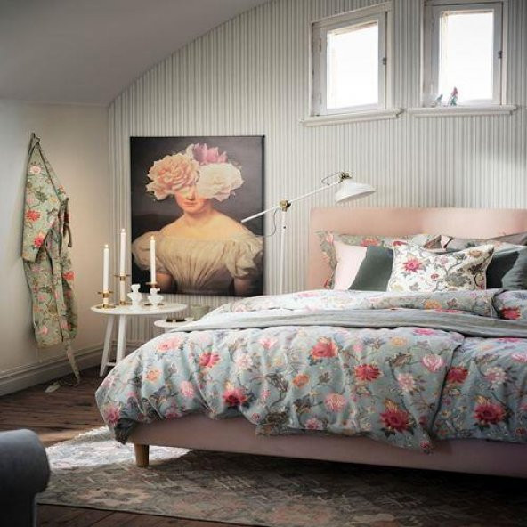 Tek Kişilik Nevresim Takımı, Çiçek Desenli MeridyenDukkan Saten Görünümlü 150x200 Su Yeşili-Çarşafsız Takım - 5