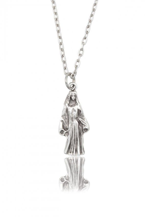 Meryem Ana - Minimal Erkek Kadın Kolye Antik Gümüş Kaplama - 60 cm Düz Zincir