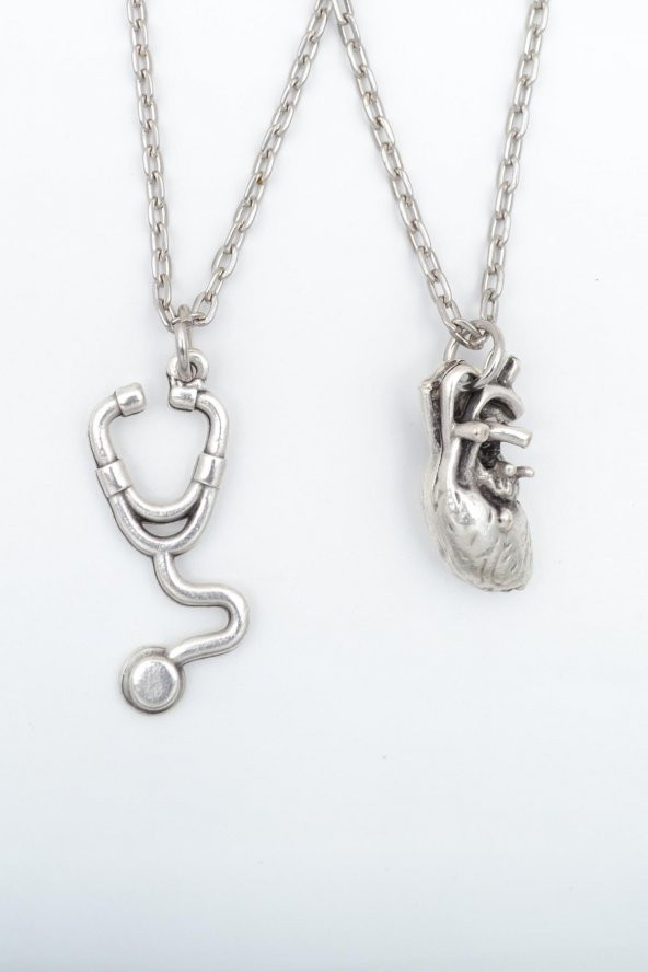 2li Steteskop - Kalp Erkek Kadın Kolye Seti 925 Ayar Gümüş Kaplama