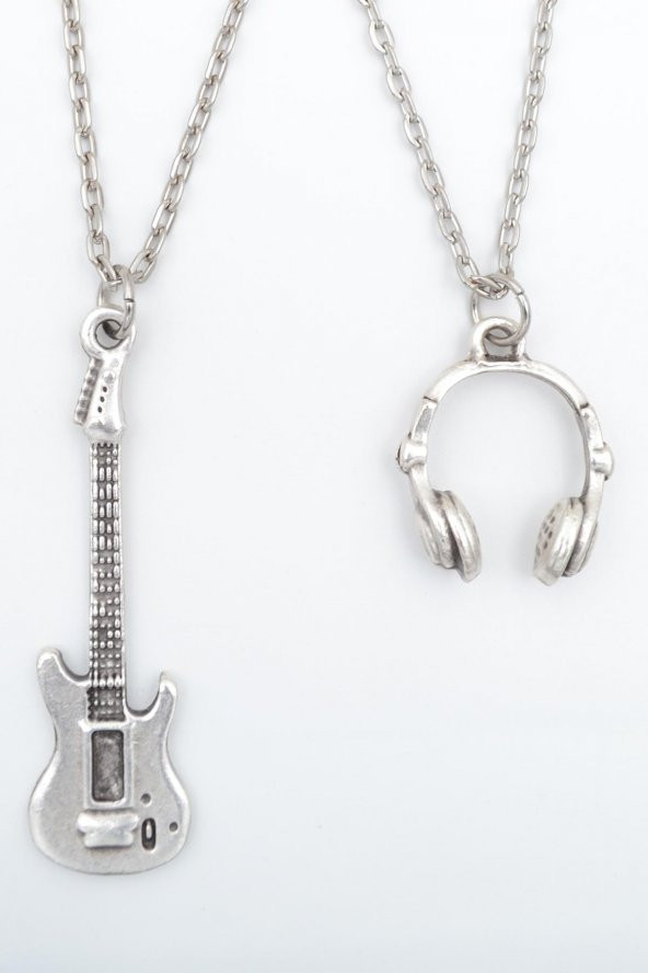 2li Elektro Gitar - Kulaklık Erkek Kadın Kolye Seti 925 Ayar Gümüş Kaplama
