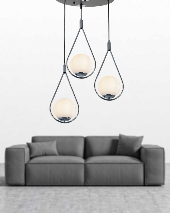 TT Aydınlatma TT024-3Y-SY-KR  Mat Siyah-Krom 3 lü Yuvarlak Avize - Resim 2