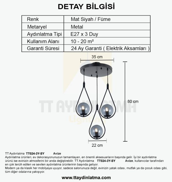 TT Aydınlatma TT024-3Y-SY  Mat Siyah 3 lü Yuvarlak Avize - Resim 4