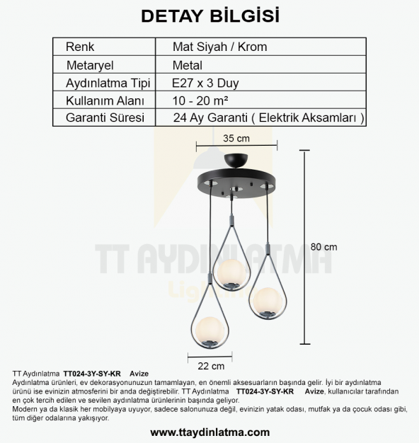 TT Aydınlatma TT024-3Y-SY-KR  Mat Siyah-Krom 3 lü Yuvarlak Avize - Resim 4