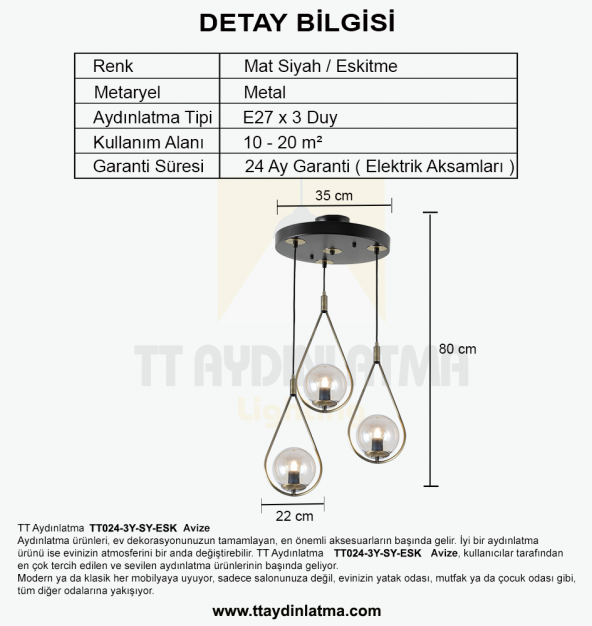 TT Aydınlatma TT024-3Y-SY-ESK  Mat Siyah-Eskitme 3 lü Yuvarlak Avi - 4