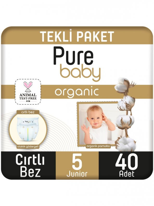 Pure Baby Organik Pamuklu Cırtlı Bez Tekli Paket 5 Numara Junior 40 Adet - 1