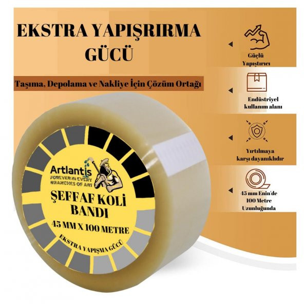 Koli Bandı Şeffaf 45x100 3 Lü1 Paket Artlantis Koli Bantı 45*100 Ambalajlama Bandı Şeffaf Ekstra Yapıştırma Kaliteli 3 Lü - 3