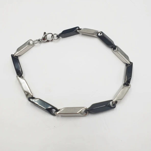 Siyah ve Gümüş Renk Kalın Köşeli Erkek Bileklik - 5