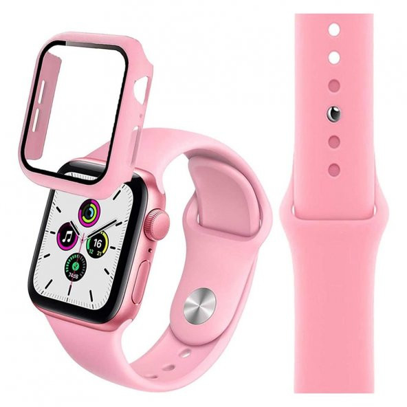 Apple Watch Seri 5 40mm Silikon Kordon Ve Gard Ekran Koruyucu Set Pembe