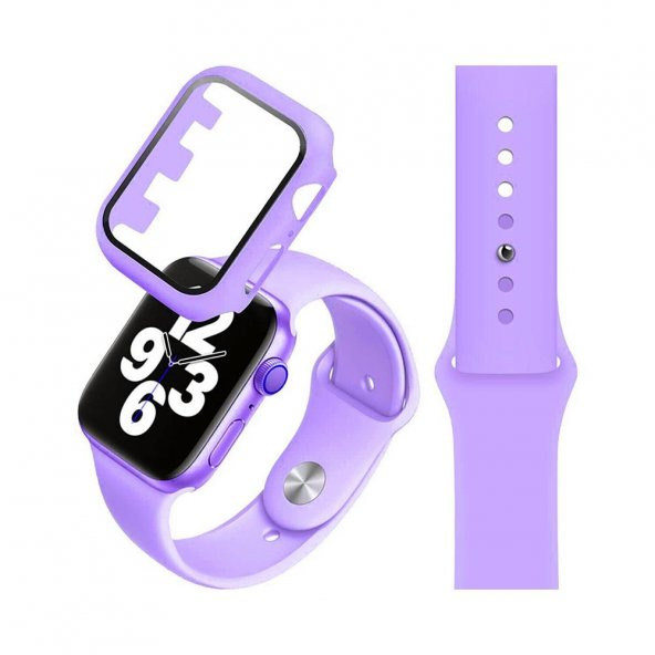 Apple Watch Seri 4 40mm Silikon Kordon Ve Gard Ekran Koruyucu Set Lila - 1