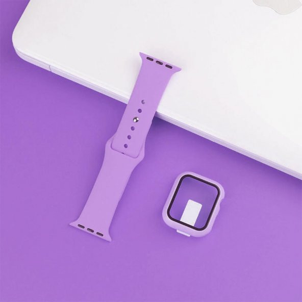 Apple Watch Seri 4 40mm Silikon Kordon Ve Gard Ekran Koruyucu Set Lila - 2