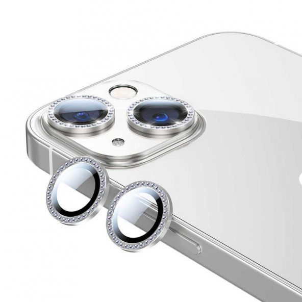 Apple iPhone 13 Mini Arka Tekli Taşlı Kamera Lens Temperli Cam Koruyucu Gümüş