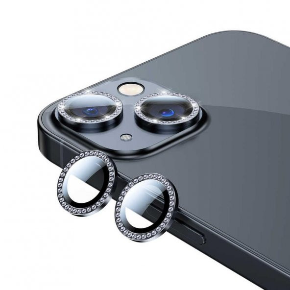 Apple iPhone 13 Mini Arka Tekli Taşlı Kamera Lens Temperli Cam Koruyucu Siyah
