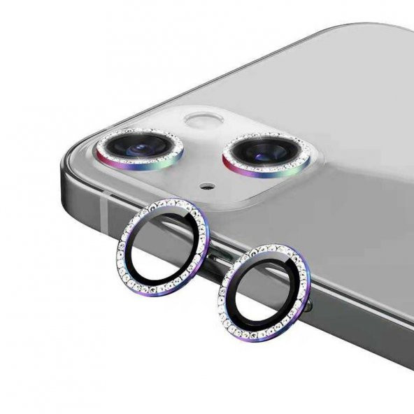 Apple iPhone 13 Mini Arka Tekli Taşlı Kamera Lens Temperli Cam Koruyucu Colorful
