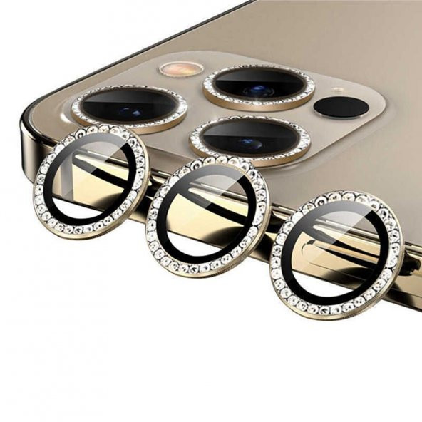 Apple iPhone 13 Pro Max Tekli Taşlı Kamera Lens Temperli Cam Koruyucu Gold