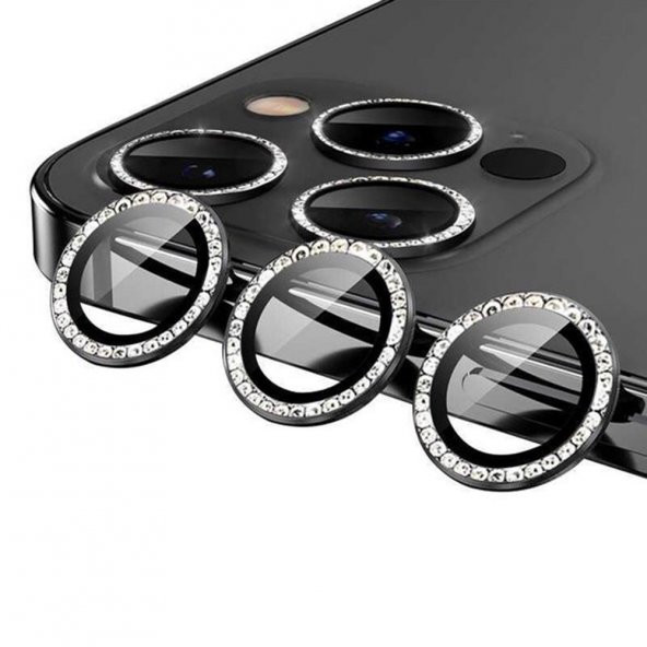 Apple iPhone 13 Pro Max Tekli Taşlı Kamera Lens Temperli Cam Koruyucu Siyah