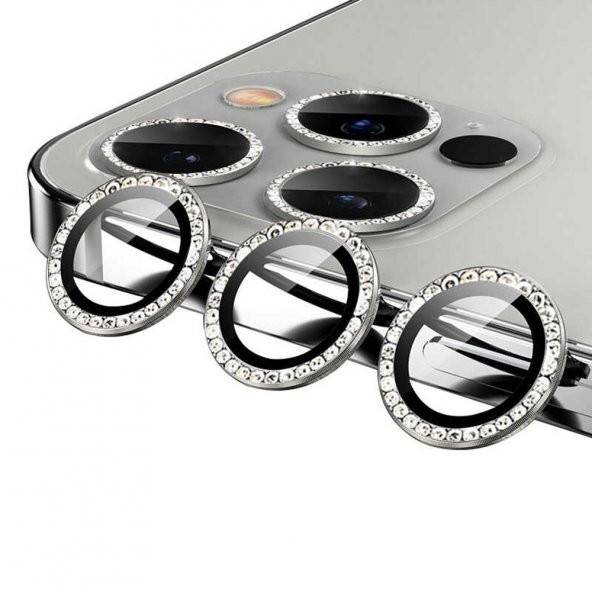 Apple iPhone 12 Pro Tekli Taşlı Kamera Lens Temperli Cam Koruyucu Gümüş