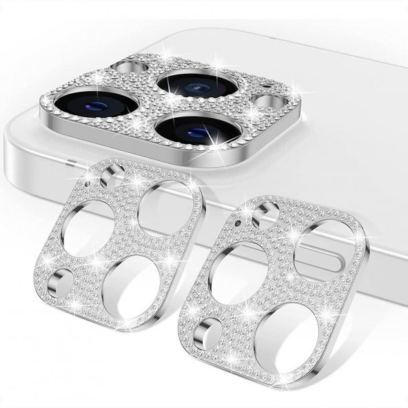 Apple iPhone 11 Pro Max Arka Kamera Taş İşlemeli Lens Koruyucu Gümüş
