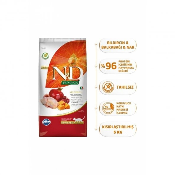 Tahılsız Bıldırcın Etli Balkabaklı Kısırlaştırılmış Kedi Maması - 5 kg