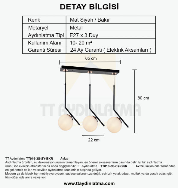TT Aydınlatma TT019-3S-SY-BKR  Mat Siyah-Bakır 3 lü Dirsek Kol Sır - Resim 4