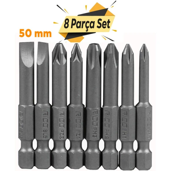 Rico 005-KK1130 Yıldız Düz Bits Uç Seti PH+PZ+SL 8 Parça 50 mm