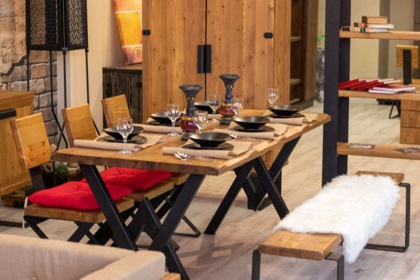 Ntconcept Masif Ağaç Yemek Masası Takımı-  85CM-150CM MASA+150CM BANK+2 ADET LOFT SANDALYE