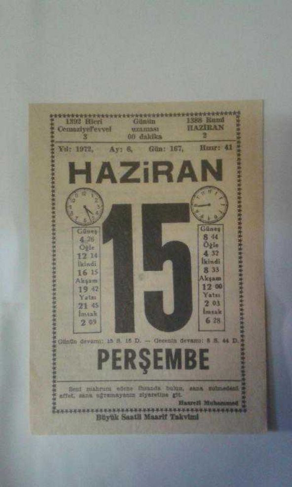 15 HAZİRAN 1972 BÜYÜK SAATLİ MAARİF TAKVİMİ YAPRAĞI - ürün İKİNCİEL DİR