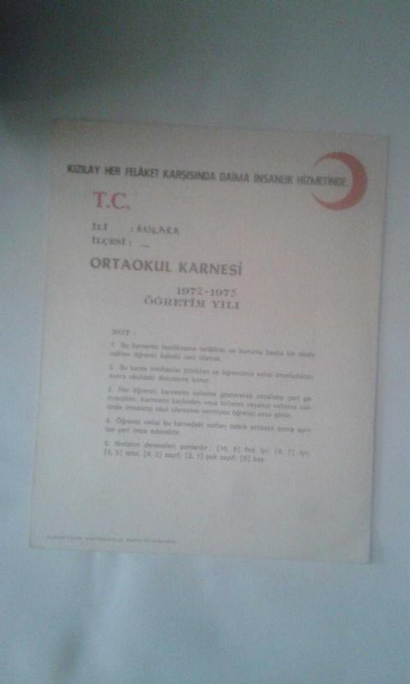 1972-1973 ÖĞRETİM YILI ORTAOKUL KARNESİ ÖZEL YÜKSELİŞ KOLEJİ - ikinciel dir