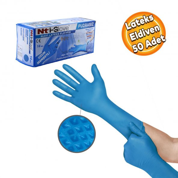 NTİ-Glove Mavi Pudrasız Uzun Manşetli Latex Eldiven Koruyucu Kaydırmaz Dokulu  XL Beden 50 Adet (25 ÇİFT)