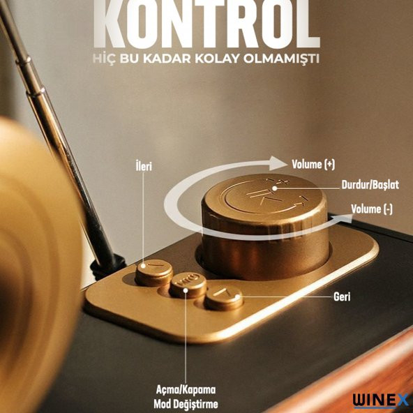 Winex Çift Hoparlörlü Gramafon Speaker Bluetooth Hoparlör Fm Radyo+Sd Kart+UsbA+3.5mm Aux Girişli - 5