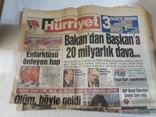 HÜRRİYET 7 ARALIK 1991 CUMARTESİ BAKANDAN BAŞKANA 20 MİLYARLIK DAVA-ÖLÜM BÖYLE GELDİ - 1