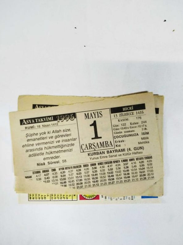 1 MAYIS 1996 ASYA TAKVİMİ TAKVİM YAPRAĞI