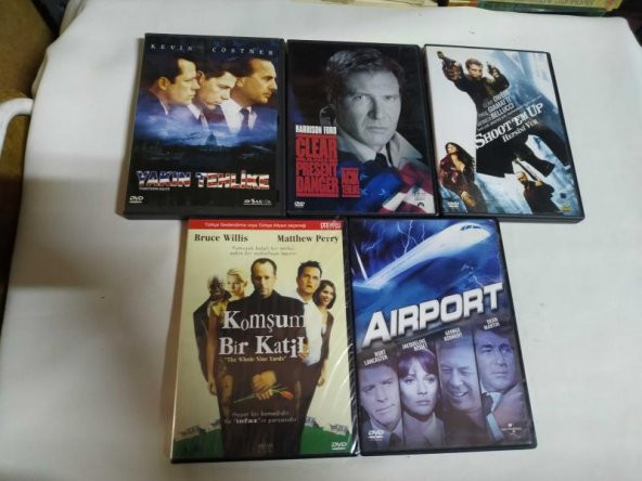5 ADET DVD FİLM / YAKIN TEHLİKE - AÇIK TEHLİKE - HEPSİNİ VUR - KOMŞUM BİR KATİL - AIRPORT - 1