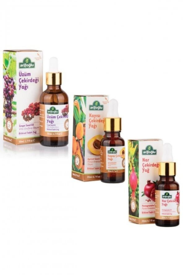 Arifoğlu Kayısı Çekirdeği Yağı 20ml + Nar Çekirdeği Yağı 20ml + Üzüm Çekirdeği Yağı 50ml (Soğuk Pres) ürün görseli 1