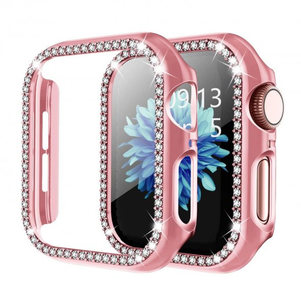 Microcase Apple Watch 7 41mm Elmas Taş Sert Rubber Kılıf - Pembe - 1