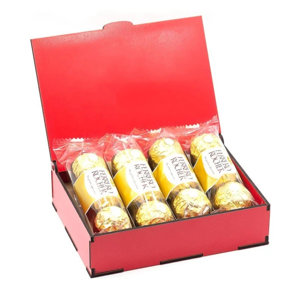 Sevdiklerinize Özel Kırmızı Ahşap Hediye Kutusunda 4 Adet 3lü Ferrero Rocher