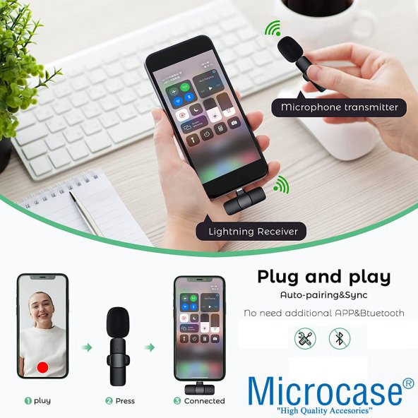 Microcase iPhone Lightning Profesyonel Wireless Kablosuz Yaka Mikrofonu Lavalier - AL2880 - 4