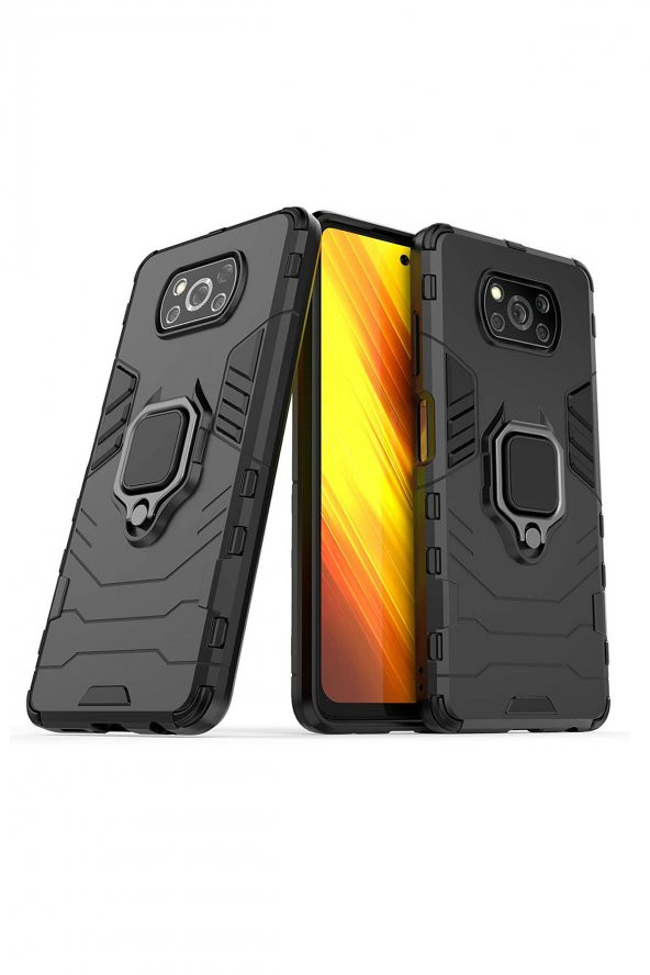 Microcase Xiaomi Poco X3 Pro Batman Serisi Yüzük Standlı Armor Kılıf - Siyah