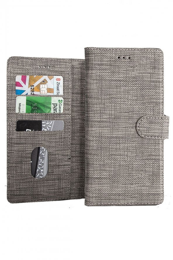 Microcase Xiaomi Redmi Note 8 Pro Wallet Serisi Standlı Kartvizit Para Gözlü Kumaş Cüzdan Kılıf - Gri