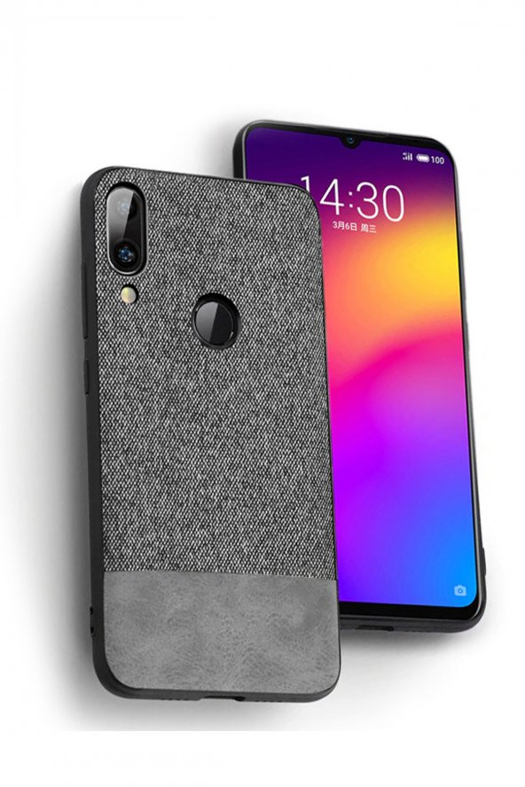 Microcase Meizu Note 9 Fabrik Serisi Kumaş ve Deri Desen Kılıf - Gri - 1